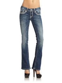 THE LOOKWide waistband with belt loopsDouble rhinestone button closure and zip flyFive-pocket styleSignature stitching on the front coin pocketContrast stitchingWhiskering at hips and faded at thighsFitted through thighs with wide bootcut leg openingsRhinestone and stud embellished V-shaped insets on the button-flap back pocketsBack logo detail at waistbandTHE FITRise, about 8Inseam THE LOOKWide waistband with belt loopsDouble rhinestone button closure and zip flyFive-pocket styleSignature stitching on the front coin pocketContrast stitchingWhiskering at hips and faded at thighsFitted through thighs with wide bootcut leg openingsRhinestone and stud embellished V-shaped insets on the button-flap back pocketsBack logo detail at waistbandTHE FITRise, about 8Inseam