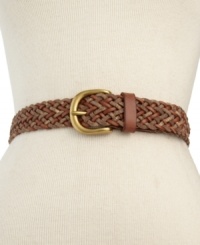 Weave your way to impeccable accessorizing with this rich, metallic leather belt from Fossil. Woven detailing and gleaming hardware add eye-catching appeal to this easygoing essential. Weave your way to impeccable accessorizing with this rich, metallic leather belt from Fossil. Woven detailing and gleaming hardware add eye-catching appeal to this easygoing essential.