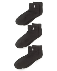 Time to stock up on comfortable basics? Try a 3-pack of cushioned foot socks with embroidered logo at side from Ralph Lauren. Style #7340PK