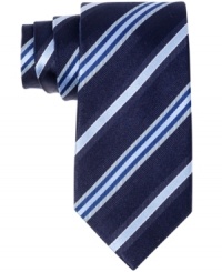 A sleek stripe on this Tasso Elba tie lends a modern finish to your standard 9-5 wardrobe. A sleek stripe on this Tasso Elba tie lends a modern finish to your standard 9-5 wardrobe.