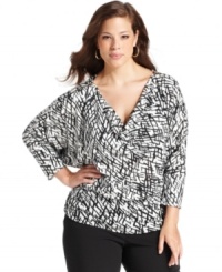 Liven up your day-to-play look with Alfani's three-quarter-sleeve plus size top, featuring a graphic print-- dress it up with trousers or down with denim. (Clearance) Liven up your day-to-play look with Alfani's three-quarter-sleeve plus size top, featuring a graphic print-- dress it up with trousers or down with denim. (Clearance)