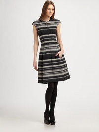 Bold kinetic stripes band the body of this sculptural silhouette.Jewel neckline with zipper ventCap sleevesIncluded leather beltSide slash pocketsConcealed back zipFully linedAbout 22 from natural waist79% wool/17% cotton/4% polyamideDry cleanImported of Italian fabricModel shown is 5'11 (180cm) wearing US size 4. Bold kinetic stripes band the body of this sculptural silhouette.Jewel neckline with zipper ventCap sleevesIncluded leather beltSide slash pocketsConcealed back zipFully linedAbout 22 from natural waist79% wool/17% cotton/4% polyamideDry cleanImported of Italian fabricModel shown is 5'11 (180cm) wearing US size 4.