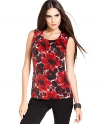 A flattering pleated neckline, alluring floral print and shimmery sequins make this petite Alfani shell perfect for work! A flattering pleated neckline, alluring floral print and shimmery sequins make this petite Alfani shell perfect for work!