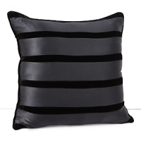 Alternating bands of caviar colored satin and velvet reverses to solid satin on this decorative pillow. Alternating bands of caviar colored satin and velvet reverses to solid satin on this decorative pillow.