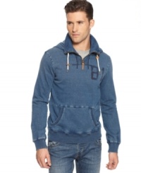 A hoodie that goes great with denim-or just about anything else. Armani Jeans' hooded pullover sweatshirt in a cotton meant to mimic faded indigo, with a kangaroo pocket in front and large logo graphic in back.