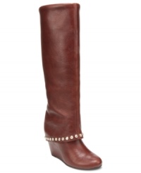 Walk along in excellence with BCBGeneration's Walla wedge boots. A studded layover shaft adds unique detail to this beautiful, tall pair. Walk along in excellence with BCBGeneration's Walla wedge boots. A studded layover shaft adds unique detail to this beautiful, tall pair.