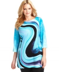 Liven up your neutral bottoms with Style&co.'s three-quarter sleeve plus size top, featuring an eye-catching print. Liven up your neutral bottoms with Style&co.'s three-quarter sleeve plus size top, featuring an eye-catching print.