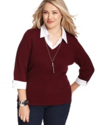 Layer on style with Elementz' three-quarter-sleeve plus size sweater, including a shirt inset. Layer on style with Elementz' three-quarter-sleeve plus size sweater, including a shirt inset.