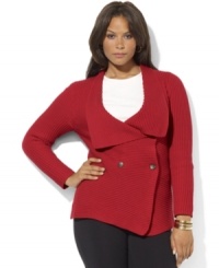 A double-breasted cardigan with an elegantly draped shawl collar creates a flattering silhouette that fastens at the waist with a Lauren Ralph Lauren button. A double-breasted cardigan with an elegantly draped shawl collar creates a flattering silhouette that fastens at the waist with a Lauren Ralph Lauren button.