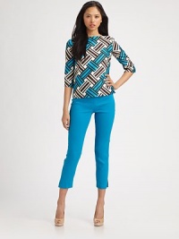 An eye-popping basket-weave print on vibrant matte silk, all in a clean boatneck silhoeutte.BoatneckThree-quarter sleevesFlat frontAbout 22 from shoulder to hemSilkDry cleanMade in USA of Italian fabricModel shown is 5'10 (177cm) wearing US size 4. An eye-popping basket-weave print on vibrant matte silk, all in a clean boatneck silhoeutte.BoatneckThree-quarter sleevesFlat frontAbout 22 from shoulder to hemSilkDry cleanMade in USA of Italian fabricModel shown is 5'10 (177cm) wearing US size 4.