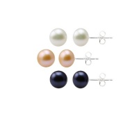 Set of 3 White, Peacock and Pink Freshwater Cultured Pearl Studs with Sterling Silver Post and Backs (8-8.5mm ) Set of 3 White, Peacock and Pink Freshwater Cultured Pearl Studs with Sterling Silver Post and Backs (8-8.5mm )