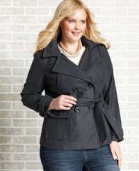 Featuring a hood and belted waist, Dollhouse's double-breasted plus size jacket is an essential for your fall/winter wardrobe! Featuring a hood and belted waist, Dollhouse's double-breasted plus size jacket is an essential for your fall/winter wardrobe!
