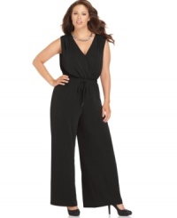 Flaunt your 70's flair in Spense's sleeveless plus size jumpsuit, accentuated by a drawstring waist-- this look is so on-trend for the season! (Clearance) Flaunt your 70's flair in Spense's sleeveless plus size jumpsuit, accentuated by a drawstring waist-- this look is so on-trend for the season! (Clearance)