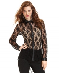 Sweet and sassy: add a little romance to your look with Bar III Front Row's button-front lace top, featuring faux-leather trim. Sweet and sassy: add a little romance to your look with Bar III Front Row's button-front lace top, featuring faux-leather trim.
