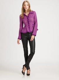 Peplum jacket of luxe lace has a point collar, button front and contrasting trim. Point collarButton frontLong sleevesPeplum detailAbout 21 from shoulder to hem62% polyester/33% viscose/5% elastaneDry cleanMade in USA of imported fabricModel shown is 5'10 (177cm) wearing US size 2. Peplum jacket of luxe lace has a point collar, button front and contrasting trim. Point collarButton frontLong sleevesPeplum detailAbout 21 from shoulder to hem62% polyester/33% viscose/5% elastaneDry cleanMade in USA of imported fabricModel shown is 5'10 (177cm) wearing US size 2.