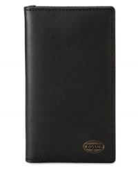 Menswear plaid lining adds a refined touch to this classic wallet from Fossil. Menswear plaid lining adds a refined touch to this classic wallet from Fossil.
