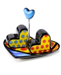 A lot to love, Heart salt and pepper shakers are shaped by the vivid colors and bold patterns of Brazilian pop artist Romero Britto. Spotted shakers are set in a heart-shaped dish to really spice things up. A lot to love, Heart salt and pepper shakers are shaped by the vivid colors and bold patterns of Brazilian pop artist Romero Britto. Spotted shakers are set in a heart-shaped dish to really spice things up.