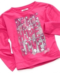 Peace, love and hope. Inspire her to see the good in everything with this sparkly graphic top by DKNY. Peace, love and hope. Inspire her to see the good in everything with this sparkly graphic top by DKNY.
