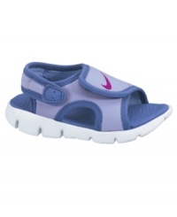 Get some sun and have fun. These lightweight, easy-on Nike sandals have conveniences like adjustability and quick drying to keep up with her all-day play sessions. Get some sun and have fun. These lightweight, easy-on Nike sandals have conveniences like adjustability and quick drying to keep up with her all-day play sessions.
