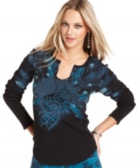The basic thermal gets updated with a feather print on this Lucky Brand Jeans top for stylish flair! The basic thermal gets updated with a feather print on this Lucky Brand Jeans top for stylish flair!