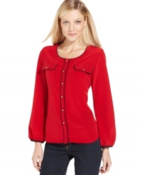Make a sophisticated statement with this Elementz blouse. Piping at the sleeves, neckline and pockets is an on-trend touch. Make a sophisticated statement with this Elementz blouse. Piping at the sleeves, neckline and pockets is an on-trend touch.