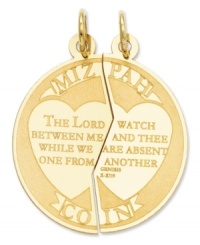 Share your faith with friends. This symbolic charm features the script: Mizpah Coin. The Lord Watch Between Me And Thee While We Are Absent One From Another. Crafted in 14k gold. Chain not included. Approximate length: 1-1/10 inches. Approximate width: 9/10 inch. Share your faith with friends. This symbolic charm features the script: Mizpah Coin. The Lord Watch Between Me And Thee While We Are Absent One From Another. Crafted in 14k gold. Chain not included. Approximate length: 1-1/10 inches. Approximate width: 9/10 inch.
