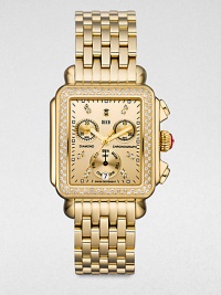 From the Deco Collection. Dazzling diamonds give this shiny goldplated stainless steel timepiece an extra boost of brilliance. Swiss quartz movementWater resistant to 5 ATMRectangular 18k goldplated stainless steel case, 33mm (1.3) X 35mm (1.4)Diamond accented bezel and markers, .66 tcwGoldtone chronograph dialDate display at 6 o'clockSecond hand 18k goldplated stainless steel link bracelet, 18mm wide (0.7)Imported From the Deco Collection. Dazzling diamonds give this shiny goldplated stainless steel timepiece an extra boost of brilliance. Swiss quartz movementWater resistant to 5 ATMRectangular 18k goldplated stainless steel case, 33mm (1.3) X 35mm (1.4)Diamond accented bezel and markers, .66 tcwGoldtone chronograph dialDate display at 6 o'clockSecond hand 18k goldplated stainless steel link bracelet, 18mm wide (0.7)Imported