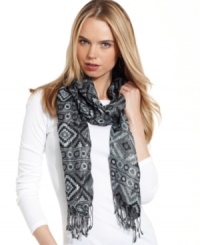 Take a shine to everyday accessorizing with this shimmery metallic scarf from Cejon, featuring a gorgeous geometric pattern and flirty fringe. Take a shine to everyday accessorizing with this shimmery metallic scarf from Cejon, featuring a gorgeous geometric pattern and flirty fringe.