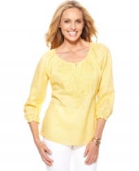 Charter Club perfects the springtime tunic, outfitting this top with a bright, cheerful color and a luxe linen fabrication that's adorned with a flourish of embroidery and beading at the chest. Charter Club perfects the springtime tunic, outfitting this top with a bright, cheerful color and a luxe linen fabrication that's adorned with a flourish of embroidery and beading at the chest.