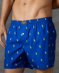 A relaxed-fitting boxer is tailored from crisp woven cotton with an allover pony print for an iconic look from Polo Ralph Lauren. A relaxed-fitting boxer is tailored from crisp woven cotton with an allover pony print for an iconic look from Polo Ralph Lauren.