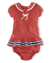 Saluting chic sailor style, an adorable ruffled dress in ultra-soft slub cotton jersey is awash with breezy maritime accents. Saluting chic sailor style, an adorable ruffled dress in ultra-soft slub cotton jersey is awash with breezy maritime accents.