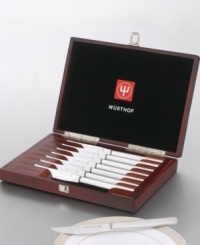 This presentation steak knife set makes a wonderful gift for first-time homeowners. Made of 18/10 stainless steel, the set includes eight serrated steak knives and a handsome wood presentation box. This presentation steak knife set makes a wonderful gift for first-time homeowners. Made of 18/10 stainless steel, the set includes eight serrated steak knives and a handsome wood presentation box.
