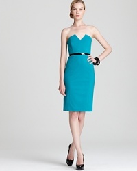 Fashion yourself stunning in a vivid Catherine Malandrino v neck dress, curve-hugging and inducing nods of approval at every turn. A patent belt flatters your svelte figure and a back slit flaunts your gams. Fashion yourself stunning in a vivid Catherine Malandrino v neck dress, curve-hugging and inducing nods of approval at every turn. A patent belt flatters your svelte figure and a back slit flaunts your gams.