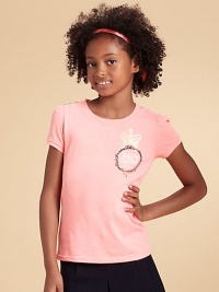 With the Juicy Couture crest, slightly puffed sleeves and decorative buttons, this comfy cotton tee is anything but basic.CrewneckShort sleevesButton detail at shoulder60% cotton/40% polyesterMachine washMade in USA With the Juicy Couture crest, slightly puffed sleeves and decorative buttons, this comfy cotton tee is anything but basic.CrewneckShort sleevesButton detail at shoulder60% cotton/40% polyesterMachine washMade in USA