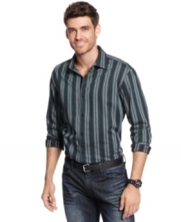 Add a new dimension to your everyday wear with thick stripes on this Alfani BLACK shirt. Add a new dimension to your everyday wear with thick stripes on this Alfani BLACK shirt.