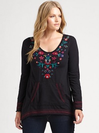 Bohemian-inspired embroidery adds a stylish touch to this cotton pull-on top.ScoopneckLong sleevesKangaroo pocketAbout 27 from shoulder to hemCottonMachine washImported Bohemian-inspired embroidery adds a stylish touch to this cotton pull-on top.ScoopneckLong sleevesKangaroo pocketAbout 27 from shoulder to hemCottonMachine washImported