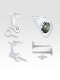 This mixer attachment pack lets you slice and shred firm fruits, vegetables, nuts and cheese, as well as grind and stuff sausages. You can also use it to grind and season meats, and strain fruits and vegetables for sauces. Includes grinder, slicer/shredder, sausage grinder and two sausage tubesImported This mixer attachment pack lets you slice and shred firm fruits, vegetables, nuts and cheese, as well as grind and stuff sausages. You can also use it to grind and season meats, and strain fruits and vegetables for sauces. Includes grinder, slicer/shredder, sausage grinder and two sausage tubesImported