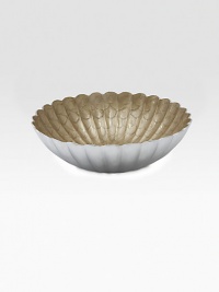A lovely addition to any table, handcrafted in India with artisanal detail in fluted metal with an opalescent, crushed mother-of-pearl enamel. Food safe Engraved signature 4¼H X 15 diam. Hand wash Imported A lovely addition to any table, handcrafted in India with artisanal detail in fluted metal with an opalescent, crushed mother-of-pearl enamel. Food safe Engraved signature 4¼H X 15 diam. Hand wash Imported