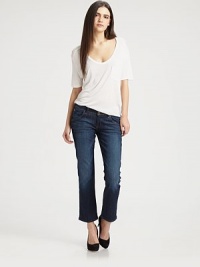 A chic update to your favorite bootcut silhouette, slightly cropped above the ankle in a dark, vintage wash.THE FITRise, about 9Inseam, about 27THE DETAILSZip flyFive-pocket styleSignature stitch back flap pockets98% cotton/2% elastaneMachine washMade in USA of imported fabricModel shown is 5'9 (175cm) wearing US size 4. A chic update to your favorite bootcut silhouette, slightly cropped above the ankle in a dark, vintage wash.THE FITRise, about 9Inseam, about 27THE DETAILSZip flyFive-pocket styleSignature stitch back flap pockets98% cotton/2% elastaneMachine washMade in USA of imported fabricModel shown is 5'9 (175cm) wearing US size 4.