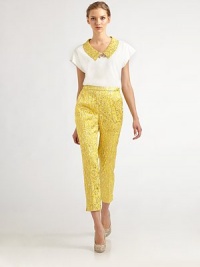 Beautiful silk jacquard, tailored in a cropped, flat front silhouette.Flat frontConcealed side zipperCropped legsVented cuffsInseam, about 2781% silk/19% polyesterDry cleanMade in Italy of imported fabric Model shown is 5'10 wearing US size 4. Beautiful silk jacquard, tailored in a cropped, flat front silhouette.Flat frontConcealed side zipperCropped legsVented cuffsInseam, about 2781% silk/19% polyesterDry cleanMade in Italy of imported fabric Model shown is 5'10 wearing US size 4.