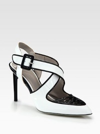 Dramatic two-tone silhouette in mirrored patent leather with interlacing crisscrossed straps. Lacquered heel, 3½ (90mm)Patent leather upperPoint toeAdjustable ankle strapLeather lining and solePadded insoleMade in Italy Dramatic two-tone silhouette in mirrored patent leather with interlacing crisscrossed straps. Lacquered heel, 3½ (90mm)Patent leather upperPoint toeAdjustable ankle strapLeather lining and solePadded insoleMade in Italy
