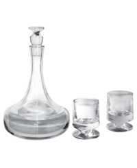 Nambe's new Groove. This brilliant, solid crystal decanter refracts light and stays put on a heavy base built for stability while a grooved stopper echoes the shape of coordinating double old-fashioned glasses. Bold, masculine and perfectly at home in modern decor. Nambe's new Groove. This brilliant, solid crystal decanter refracts light and stays put on a heavy base built for stability while a grooved stopper echoes the shape of coordinating double old-fashioned glasses. Bold, masculine and perfectly at home in modern decor.