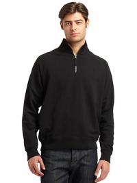 THE LOOKFrench terry designRibbed stand collarQuarter-zip closureLong ribbed cuff sleevesRibbed hemTHE MATERIALCotton/spandexCARE & ORIGINMachine washImportedModel shown is 5'10 (177cm) wearing US size Small. THE LOOKFrench terry designRibbed stand collarQuarter-zip closureLong ribbed cuff sleevesRibbed hemTHE MATERIALCotton/spandexCARE & ORIGINMachine washImportedModel shown is 5'10 (177cm) wearing US size Small.
