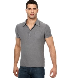 Lightweight short sleeve slub jersey polo shirt with snap pocket at chest. Lightweight short sleeve slub jersey polo shirt with snap pocket at chest.