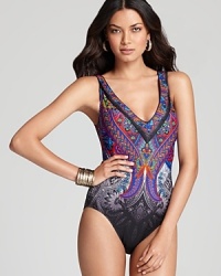Weave an epic tale on your next oceanic adventure in this retro, paisley Gottex swimsuit. In beautiful, rich jewel tones, it is a perfect way to incorporate the season's color story. Weave an epic tale on your next oceanic adventure in this retro, paisley Gottex swimsuit. In beautiful, rich jewel tones, it is a perfect way to incorporate the season's color story.