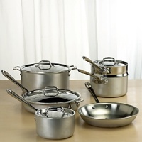 The sleek brushed aluminum exterior with stainless steel interior and polished handles makes this All-Clad cookware a must for today's streamlined kitchens. The sleek brushed aluminum exterior with stainless steel interior and polished handles makes this All-Clad cookware a must for today's streamlined kitchens.