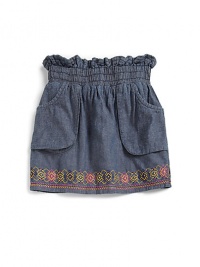 THE LOOKRuffled elastic waistFront pocketsEmbroidered hemA-line silhouetteTHE MATERIALCottonFully linedCARE & ORIGINMachine washImported THE LOOKRuffled elastic waistFront pocketsEmbroidered hemA-line silhouetteTHE MATERIALCottonFully linedCARE & ORIGINMachine washImported