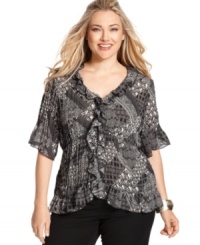 Flaunt your feminine flair this fall with NY Collection's elbow sleeve plus size blouse, accented by ruffled trim.