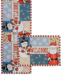 Santa Claus and a frosty friend greet the season in Welcome to Christmas table linens. Candy-striped trim, fresh holly and magical snowflakes sewn in this machine washable runner create an impossibly merry place at the table for family and friends. Santa Claus and a frosty friend greet the season in Welcome to Christmas table linens. Candy-striped trim, fresh holly and magical snowflakes sewn in this machine washable runner create an impossibly merry place at the table for family and friends.