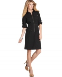 A coveted look this season, this petite MICHAEL Michael Kors zip-front dress flaunts utility details for a trendy look. A coveted look this season, this petite MICHAEL Michael Kors zip-front dress flaunts utility details for a trendy look.